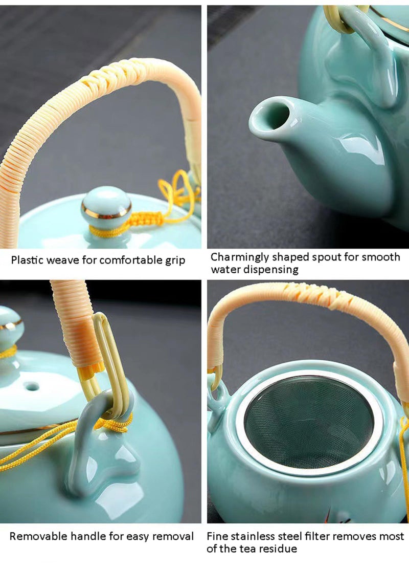 KEYDUACU Japanese Tea Set, Celadon Ceramic Tea Set, Plum Blossom Embossed, Includes 1 Teapot, 6 Anti-scald Teacups,Tea Tray,Strainer, Home, Outdoor, Gift, Chinese Kung Fu Tea Set(FDMH-FT-CYAN) - Image 4