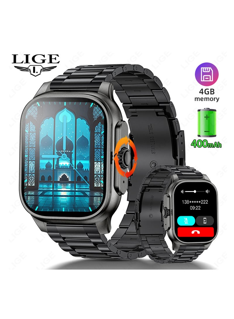 LIGE Muslims Smart Watch with Qibla Pointer Voice Prayer Including 114 Chapters of Quranic Verses 2.01 Inch HD Display 400mAh Sports health Monitoring Bluetooth Call Waterproof Smart Watches for Men Women with Extra Metal Strap  - Image 1