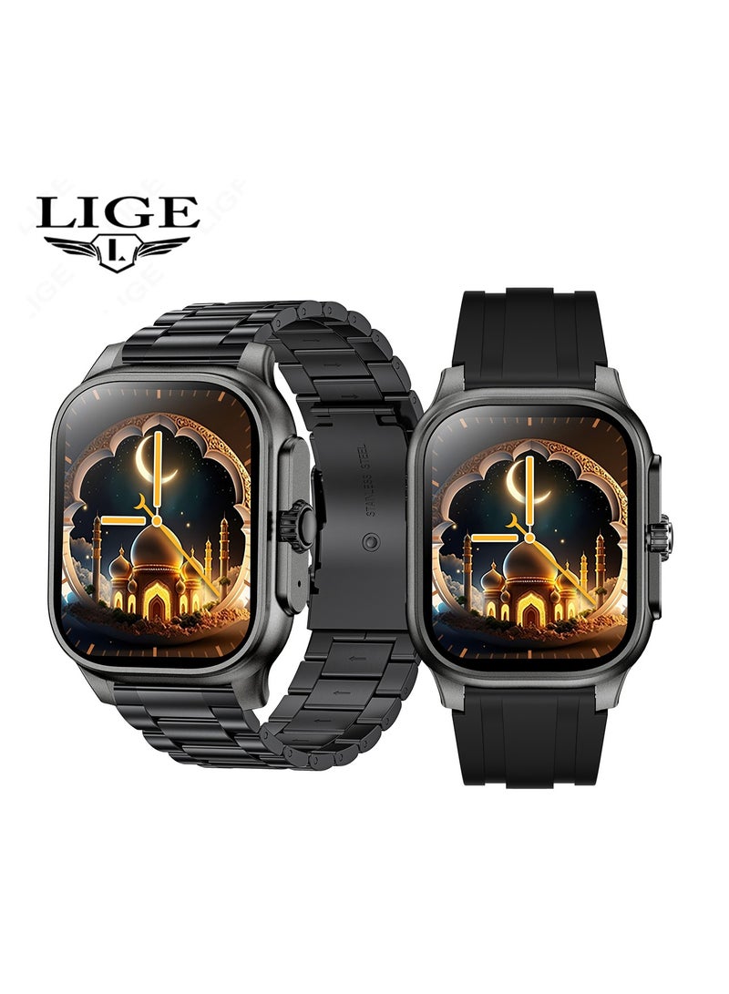 LIGE Muslims Smart Watch with Qibla Pointer Voice Prayer Including 114 Chapters of Quranic Verses 2.01 Inch HD Display 400mAh Sports health Monitoring Bluetooth Call Waterproof Smart Watches for Men Women with Extra Metal Strap  - Image 3