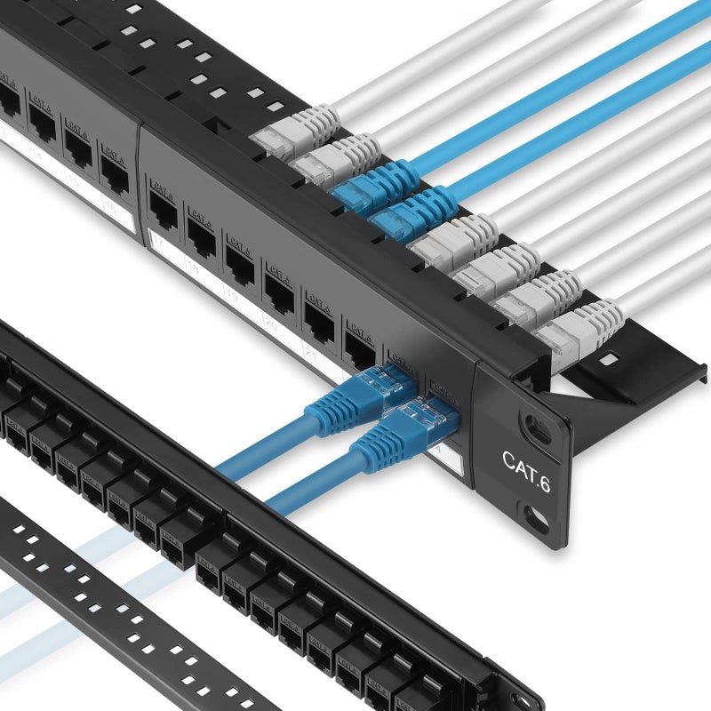 Rapink 24 Port Cat6 Patch Panel with Inline Keystone 10G Support, Pass-Thru Coupler UTP 19-Inch, Removable Back Bar, 1U Network for Cat6, Cat5e, Cat5 Cabling - Image 1