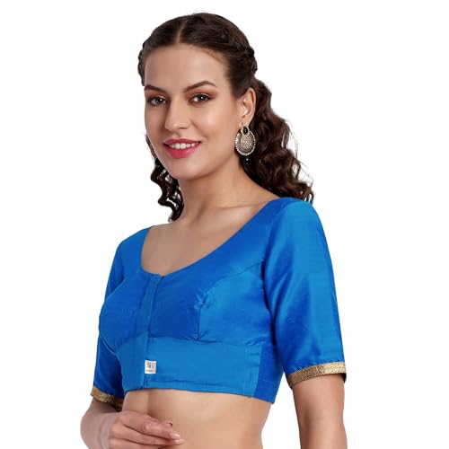 JISB Women's Rayon Plain Fitted Blouse With Lace On Elbow Sleeve (Ink Blue, 38), XL - Image 2