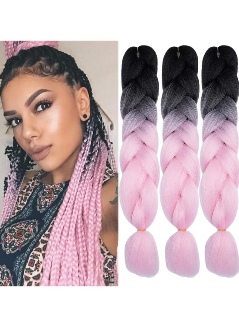 إستيل وصلات شعر أفريقية، وصلات شعر كروشيه مضفرة، شعر تجديل صناعي بدرجة حرارة عالية، شعر ياكي جامبو مضفر (أسود/وردي، 3 قطع) - Image 1