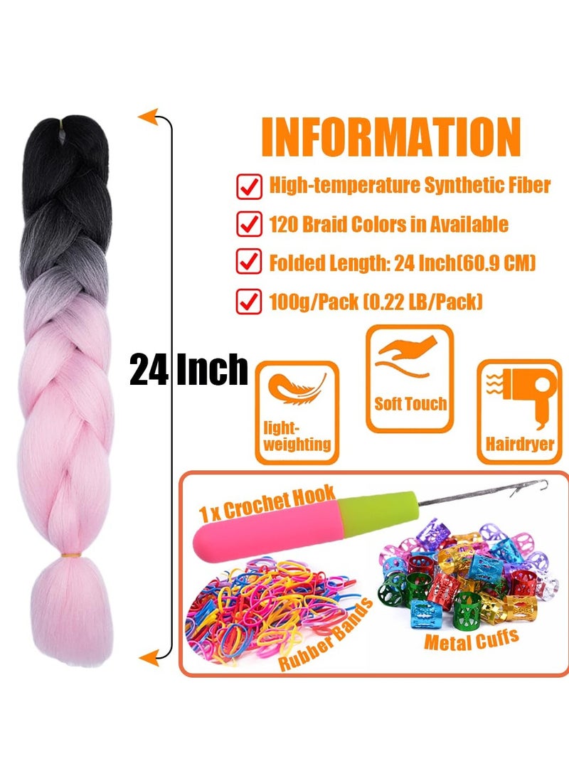 إستيل وصلات شعر أفريقية، وصلات شعر كروشيه مضفرة، شعر تجديل صناعي بدرجة حرارة عالية، شعر ياكي جامبو مضفر (أسود/وردي، 3 قطع) - Image 3