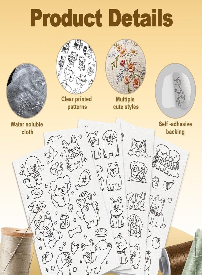 DOODLREAM 46Pcs Cartoon Dog Embroidery Pattern Stabilizers, 8.3”x11.7” Cute Puppy Dog Water Soluble Stick and Stitch Embroidery Stickers, 4 Sheets Dog Head Hand Sewing DIY Embroidery Transfer Paper - Image 3