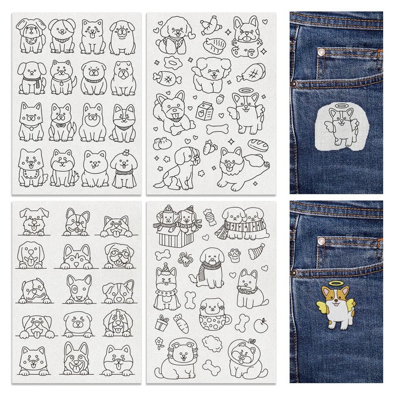 DOODLREAM 46Pcs Cartoon Dog Embroidery Pattern Stabilizers, 8.3”x11.7” Cute Puppy Dog Water Soluble Stick and Stitch Embroidery Stickers, 4 Sheets Dog Head Hand Sewing DIY Embroidery Transfer Paper - Image 1