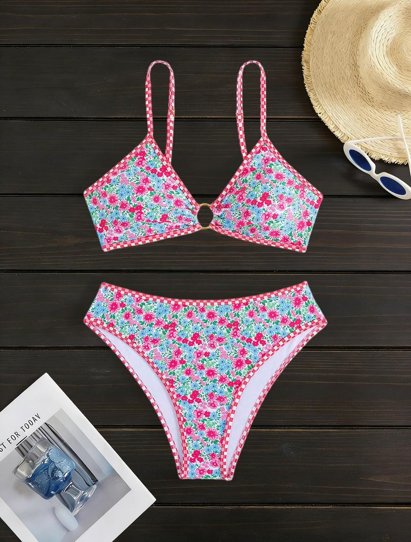 Tainehs Women's Two Piece Bikini Sets O Ring Front Top Ditsy Floral Triangle Swimsuits Cheeky Bathing Suit - Image 4