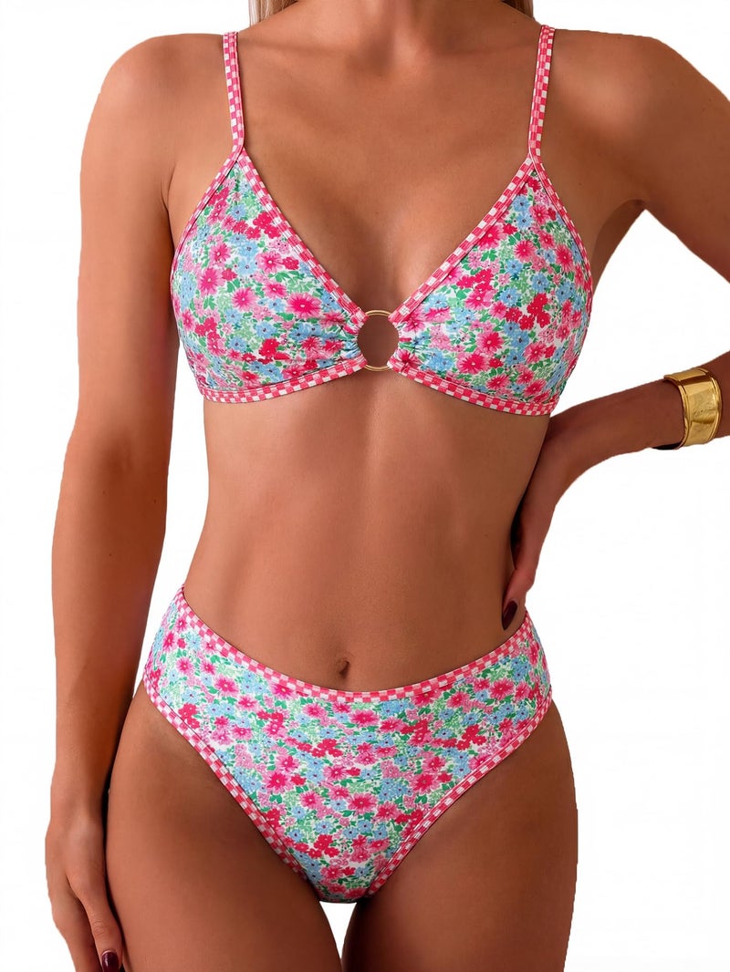Tainehs Women's Two Piece Bikini Sets O Ring Front Top Ditsy Floral Triangle Swimsuits Cheeky Bathing Suit - Image 1