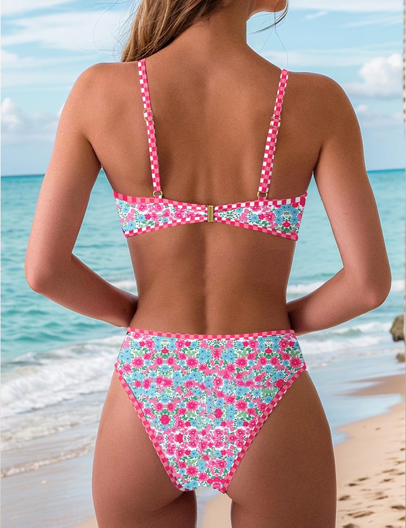 Tainehs Women's Two Piece Bikini Sets O Ring Front Top Ditsy Floral Triangle Swimsuits Cheeky Bathing Suit - Image 3