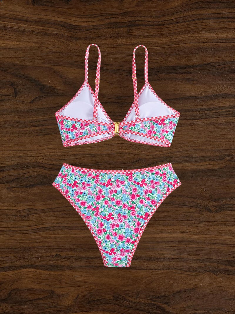 Tainehs Women's Two Piece Bikini Sets O Ring Front Top Ditsy Floral Triangle Swimsuits Cheeky Bathing Suit - Image 5