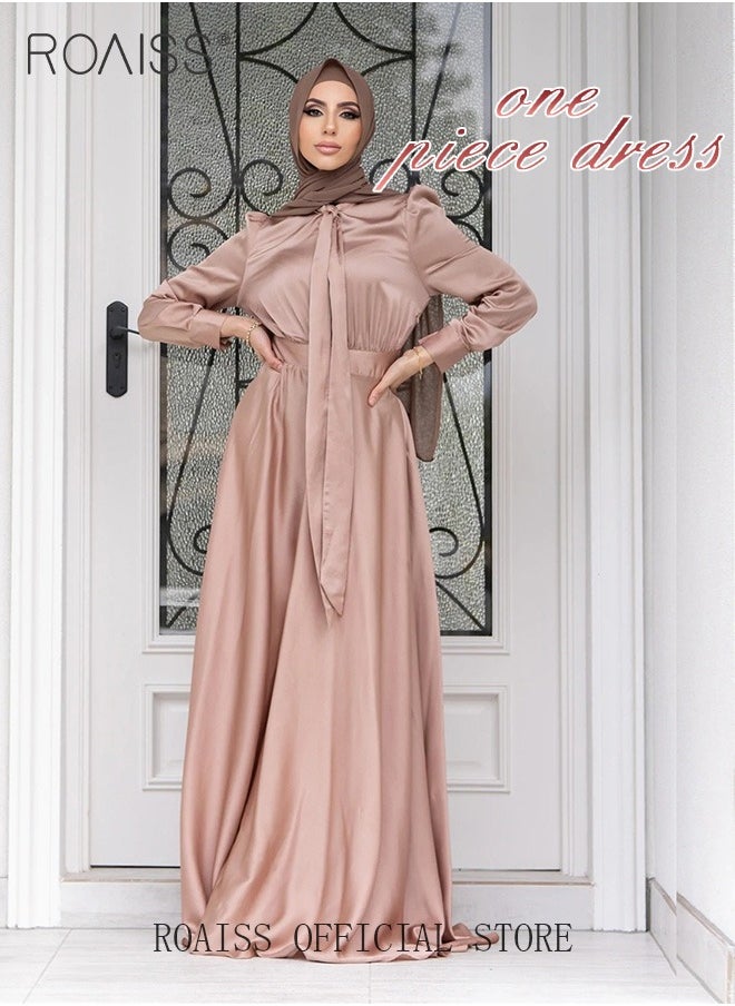 roaiss - Women's Silk Dress Satin Long-Sleeved  Crew Neck A-Line Dress Fashion Large Hemline High Waistline Trailing  Plain Dress for Ladies Ramadan Eid al-Adha - Image 1