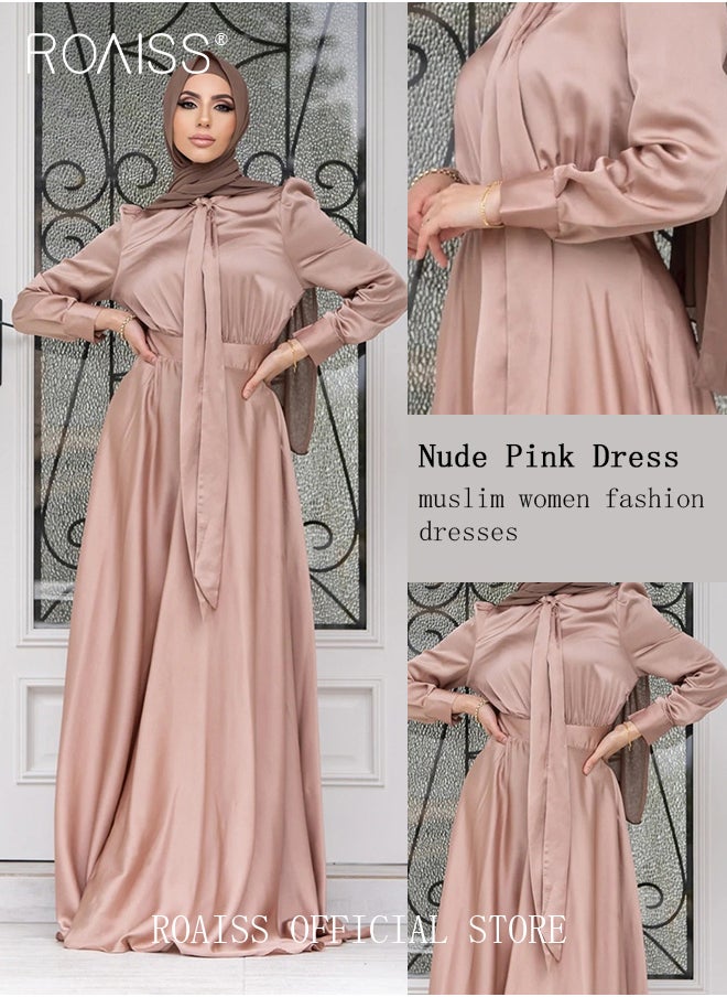 roaiss - Women's Silk Dress Satin Long-Sleeved  Crew Neck A-Line Dress Fashion Large Hemline High Waistline Trailing  Plain Dress for Ladies Ramadan Eid al-Adha - Image 1