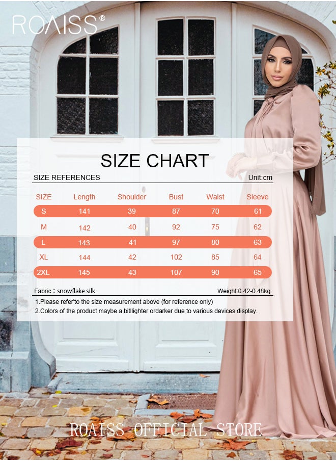 roaiss - Women's Silk Dress Satin Long-Sleeved  Crew Neck A-Line Dress Fashion Large Hemline High Waistline Trailing  Plain Dress for Ladies Ramadan Eid al-Adha - Image 1