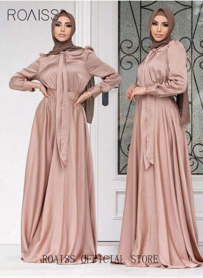 roaiss - Women's Silk Dress Satin Long-Sleeved  Crew Neck A-Line Dress Fashion Large Hemline High Waistline Trailing  Plain Dress for Ladies Ramadan Eid al-Adha - Image 1