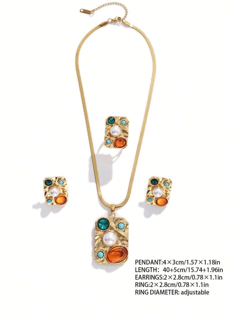 نيو ستايل طقم اكسسوارات نسائي فاخر مكون من سلسال وحلق أذن وخاتم من الاستانلس ستيل مطلي باللون الذهبي - Image 5