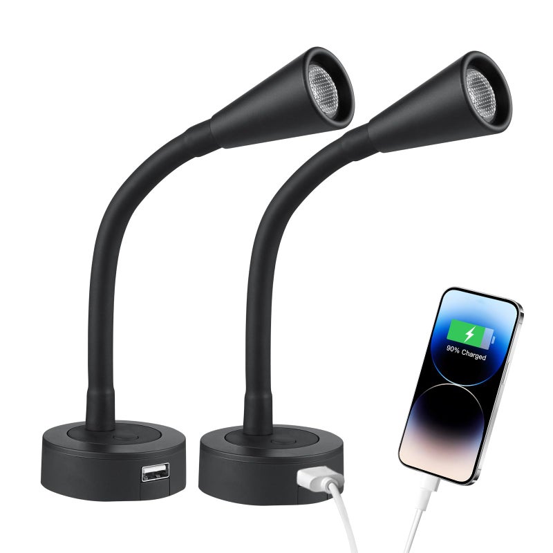 12V LED Reading Light RV Dimmable Reading Lamp with USB Charger 12 Volt Flexible Goosneck Light for Boat Camper Van Travel Trailer Truck Cars Interior Lighting, Hard-Wired Surface Mount, 2-Pack