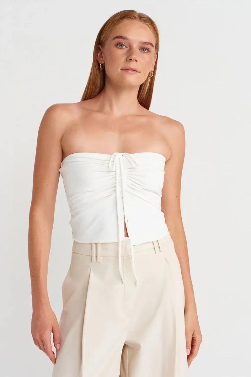 DILVIN Women’s Strapless Crop Blouse With Tie Detail