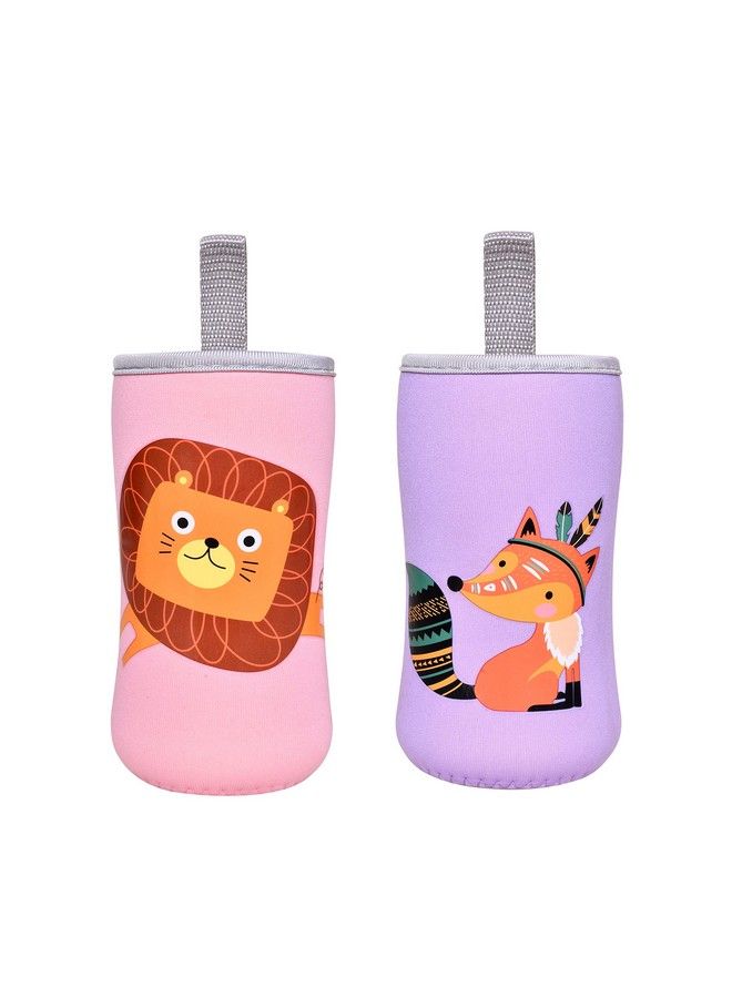 The Little Lookers ? Cute Animated Patterned Soft Stretchable Baby Feeding Bottle Cover With Easy To Hold Strap For 120Ml 150Ml 240Ml (Lion & Fox Pack Of 2)
