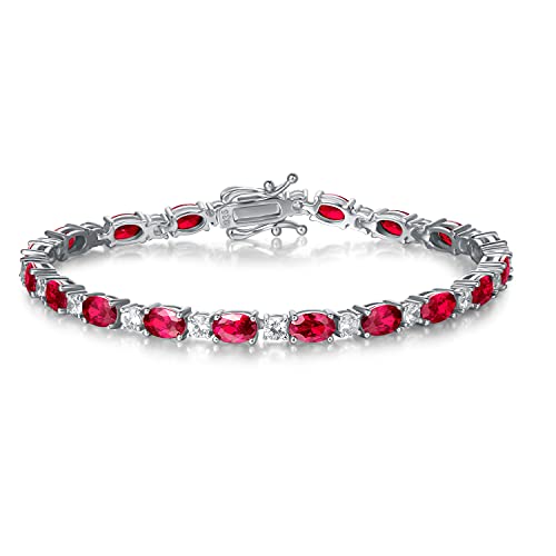 FANCIME July Birthstone Bracelet Sterling Silver Created Ruby Tennis Bracelet Cubic Zirconia Oval Gemstone Dainty Fine Jewelry for Women 7" - Image 1
