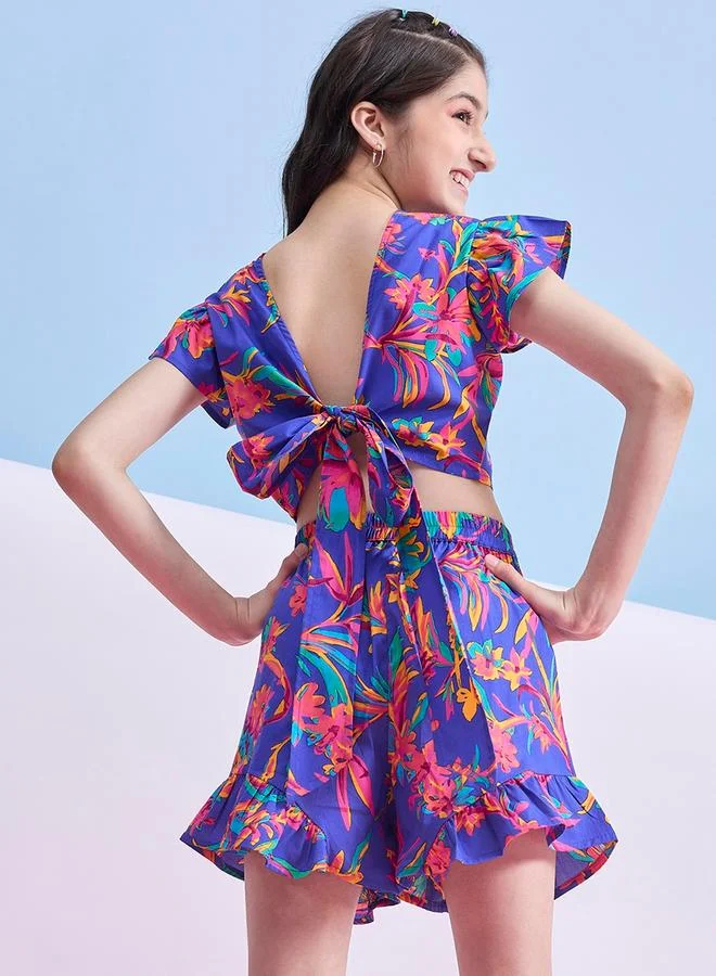 Stylo Bug Floral Print Tie-Up Back Crop Top & Flippy Shorts Set by Styli