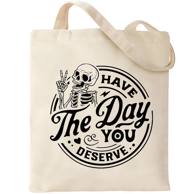 Kimoli Funny Skeleton Canvas Tote Bag for Women  Reusable Grocery Bag with Inner Pocket  Cute Tote Bag Aesthetic for Gifts  Shopping & Beach - Image 1