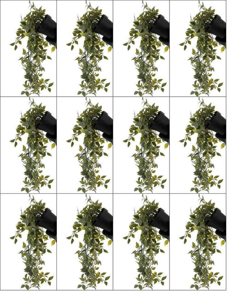 PAPERI Artificial Hanging Plant for Home Decor – Balcony Decoration Items, Outdoor Garden Decorative Fake Plant, Plastic Vine Leaves with Pot, Long Green Leaf Vines for Living Room (Pack of 12) - Image 1