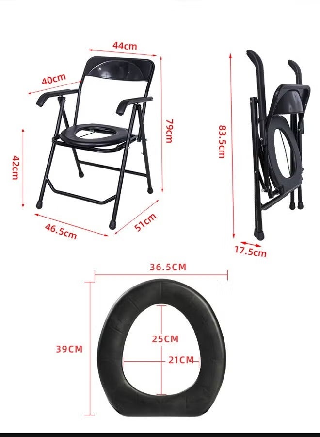 غاز كرسي مرحاض قابل للطي مع مساند للذراع – مقعد مرحاض متين باللون الأسود للمسنين والاستخدام الخارجي (51×46×79 سم) - Image 4