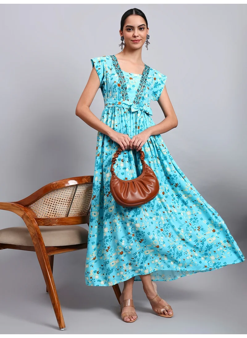 Women Floral Printed Cotton Jalabiya with Cap Sleeves & Square Neckline-AL4010