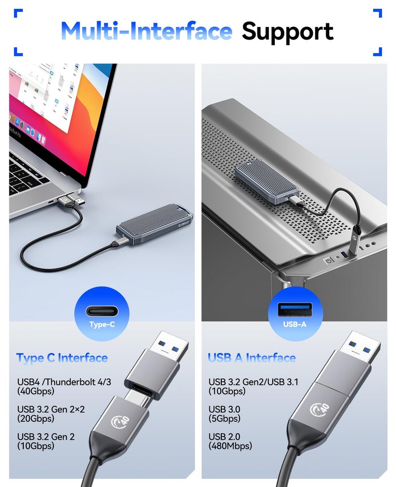 ORICO M.2 Enclosure for NVMe SSD, USB4.0 40Gbps Type-C to M Key B+M Key 2280 Aluminum External SSD Case Compatible with Thunderbolt 3/4 USB3.2/3.1/3.0/ Type-C-M2V01 - Image 5