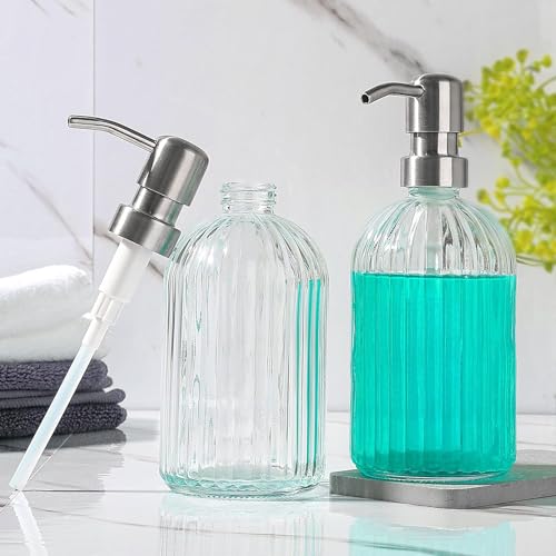 Luximal Pack of 2 Empty Glass Soap Dispenser Set for Bathroom, Wash Basin, Liquid Handwash Dispenser Bottle with Rust-Proof Plastic Pump, Liquid Soap Dispenser Bottle for Hand ( 19 x 7 CM, 400 Ml ) - Image 2