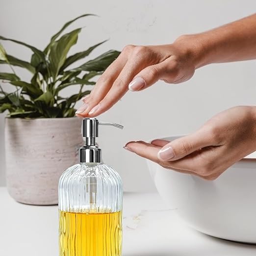 Luximal Pack of 2 Empty Glass Soap Dispenser Set for Bathroom, Wash Basin, Liquid Handwash Dispenser Bottle with Rust-Proof Plastic Pump, Liquid Soap Dispenser Bottle for Hand ( 19 x 7 CM, 400 Ml ) - Image 4