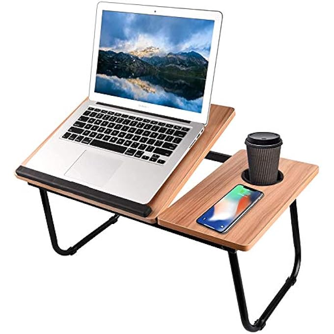 rayihni BED DESK WITH CUP HOLDER, LAPTOP TABLE FOR BED ADJUSTABLE PORTABLE COMPUTER TRAY FOR BED, LAPTOP DESK FOR BED, FOLDABLE SMALL DESK FOR WRITING, LAPTOP BED TRAY FOR BED AND SOFA-BROWN - Image 1