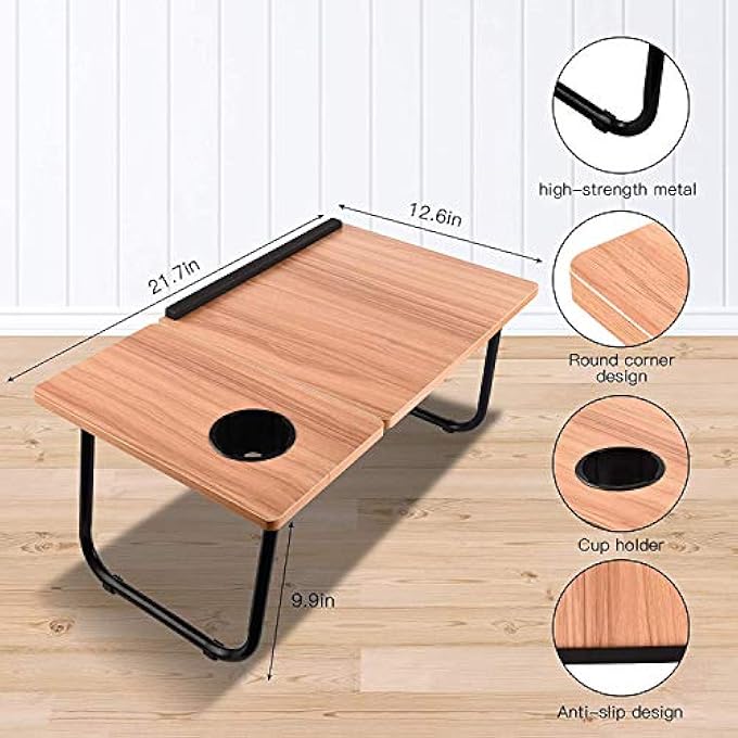 rayihni BED DESK WITH CUP HOLDER, LAPTOP TABLE FOR BED ADJUSTABLE PORTABLE COMPUTER TRAY FOR BED, LAPTOP DESK FOR BED, FOLDABLE SMALL DESK FOR WRITING, LAPTOP BED TRAY FOR BED AND SOFA-BROWN - Image 2