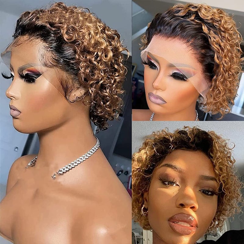Czrleaty Ombre Ginger Pixie Cut Wigs Human Hair Short Curly Lace Front Wig Ombre Ginger 13X1 Pixie Wig For Black Women 150% Density 