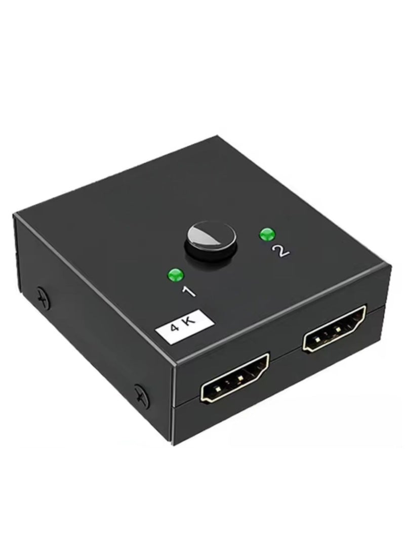 The 4K 60HZ Bi-Directional HDMI Switcher Box is 2 female inputs and 1 female output. The switch allows you to connect only 2 devices to one HDMI port (the output device) and you can switch between the two devices through the switch on the device. To clarify, the input devices such as a computer, tablet, TV screen, camera, DVR devices for surveillance cameras, Sony gaming device, or DVD, take two devices, while the output devices are one output, one screen that receives only two devices, either an LCD TV screen, a monitor, or a projector. - Image 1