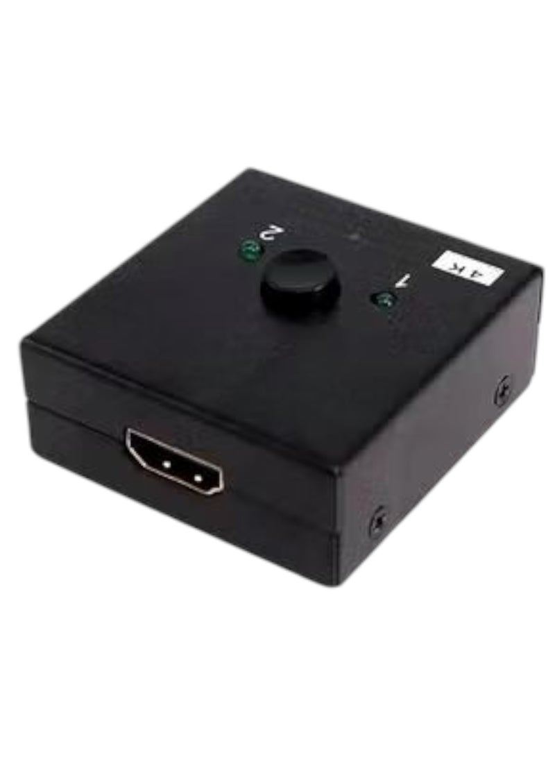 The 4K 60HZ Bi-Directional HDMI Switcher Box is 2 female inputs and 1 female output. The switch allows you to connect only 2 devices to one HDMI port (the output device) and you can switch between the two devices through the switch on the device. To clarify, the input devices such as a computer, tablet, TV screen, camera, DVR devices for surveillance cameras, Sony gaming device, or DVD, take two devices, while the output devices are one output, one screen that receives only two devices, either an LCD TV screen, a monitor, or a projector. - Image 2