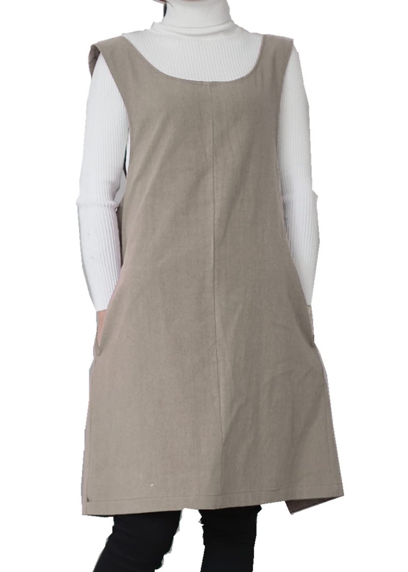 AOBBYBBS Cotton Linen Apron Halter CrossBack Bandage Aprons Japanese Style X Shape Pocket (Khaki) - Image 2