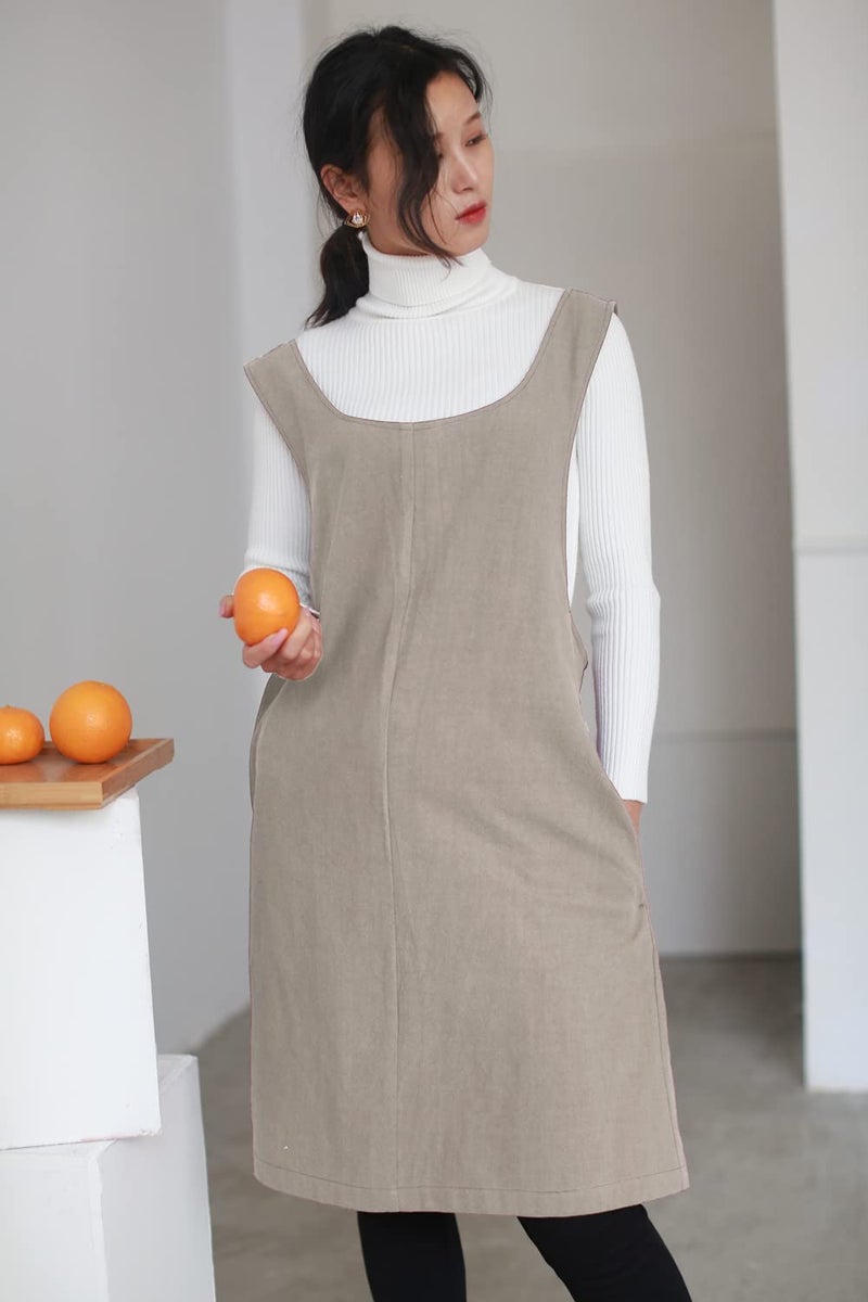AOBBYBBS Cotton Linen Apron Halter CrossBack Bandage Aprons Japanese Style X Shape Pocket (Khaki) - Image 5