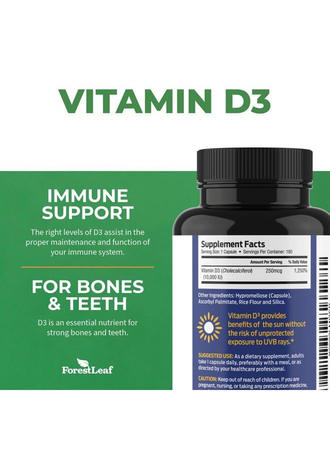 ForestLeaf فيتامين د3 10000 وحدة دولية - دعم صحة العظام والمناعة - كبسولات صغيرة سهلة البلع - خالية من الكائنات المعدلة وراثيًا وخالية من الجلوتين - مكملات فيتامين د - فيتامين د3 للنساء والرجال، 180 حبة - Image 3