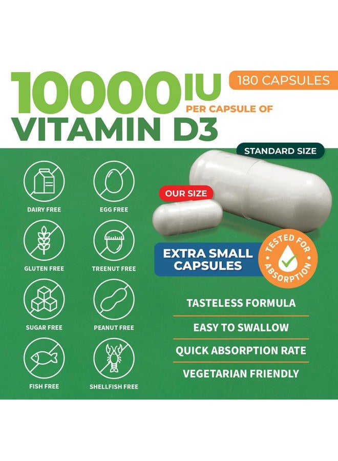 ForestLeaf فيتامين د3 10000 وحدة دولية - دعم صحة العظام والمناعة - كبسولات صغيرة سهلة البلع - خالية من الكائنات المعدلة وراثيًا وخالية من الجلوتين - مكملات فيتامين د - فيتامين د3 للنساء والرجال، 180 حبة - Image 2