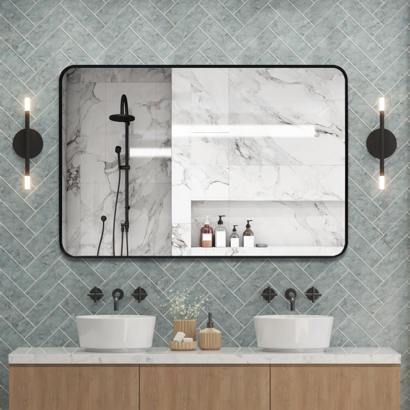 مرآة حائط 30x40 بوصة مرآة حمام حديثة مرآة تجميل 40 x 30 مرآة مستطيلة بإطار مصقول أسود 30 × 40 مرآة للتعليق أفقيًا أو عموديًا مرآة مثبتة على الحائط