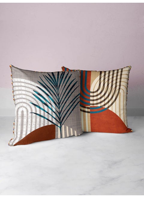 BIANCA Designer Reversible Printed Silk Linen Cushion Covers -2pc 16 X16 Set (Suzane) | with Contrast Front & Back Digital Print | - Hidden Zipper Abstract-Geometric-Earthy/Beige