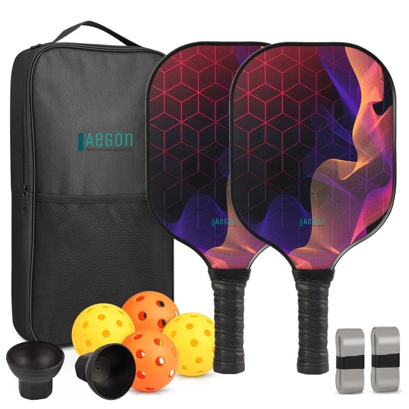 AEGON مجموعة مضارب البيكلبول | سطح من الألياف الزجاجية الممتازة | نواة مركبة على شكل خلية نحل | مقبض مبطن (يتضمن 2 مضرب | 4 كرات | 1 حقيبة حمل | 2 مقبض مبطن | 2 جامع كرات) - Image 1