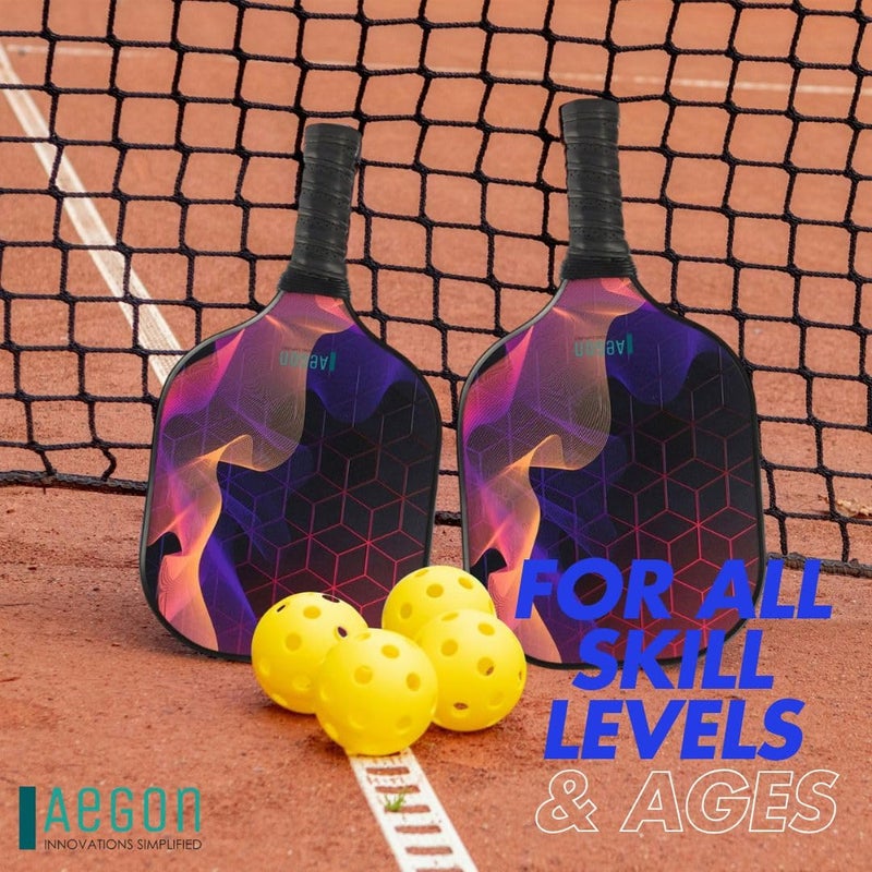 AEGON مجموعة مضارب البيكلبول | سطح من الألياف الزجاجية الممتازة | نواة مركبة على شكل خلية نحل | مقبض مبطن (يتضمن 2 مضرب | 4 كرات | 1 حقيبة حمل | 2 مقبض مبطن | 2 جامع كرات) - Image 2