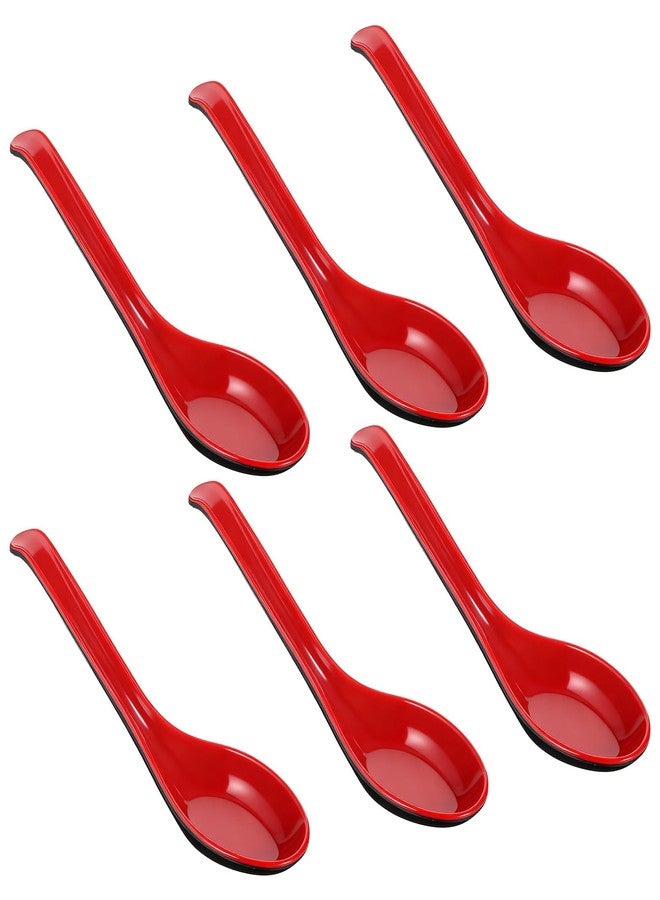 Exclaith 6Pcs Soup Spoons Asian with Hook, 7.87 Inch Red and Black Long Handle Soup Spoons for Wonton, Ramen, Soba Rice Noodle - Image 1