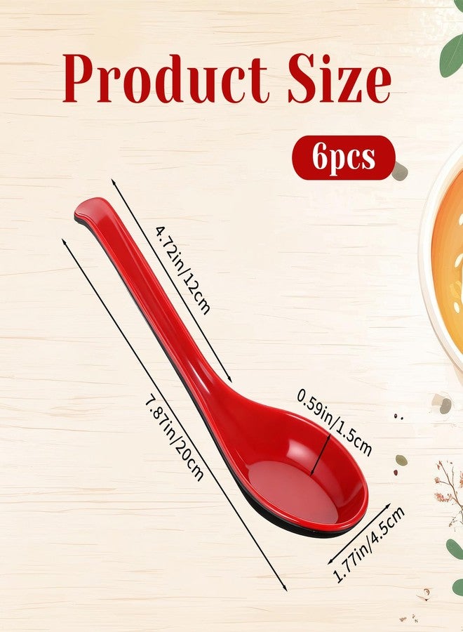 Exclaith 6Pcs Soup Spoons Asian with Hook, 7.87 Inch Red and Black Long Handle Soup Spoons for Wonton, Ramen, Soba Rice Noodle - Image 2