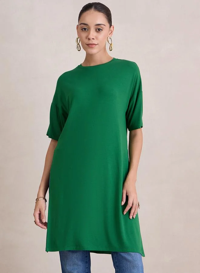 Femmella Green Knit Slit Detail Longline Top