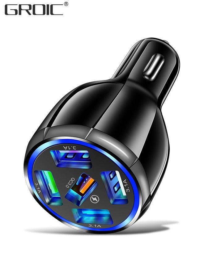 5-Port USB Fast Car Charger, QC3.0 Fast Charging Adapter, 5 Multi Port Car Phone USB Charger Compatible with iPhone/Android/Samsung