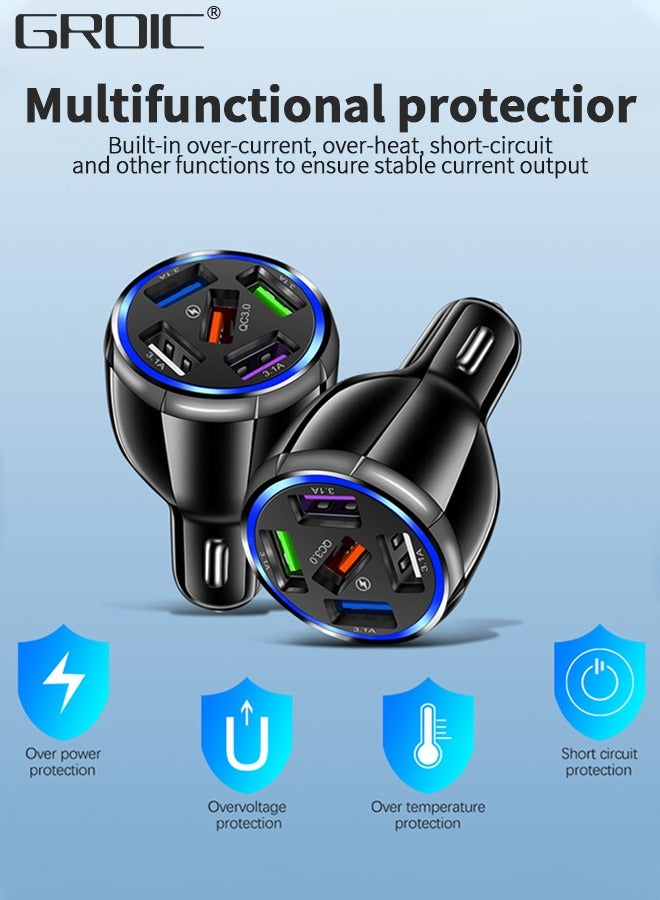 GROIC 5-Port USB Fast Car Charger, QC3.0 Fast Charging Adapter, 5 Multi Port Car Phone USB Charger Compatible with iPhone/Android/Samsung  - Image 3