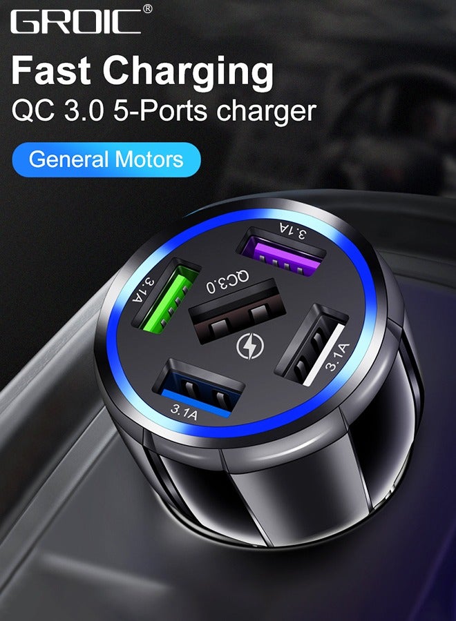 GROIC 5-Port USB Fast Car Charger, QC3.0 Fast Charging Adapter, 5 Multi Port Car Phone USB Charger Compatible with iPhone/Android/Samsung  - Image 2