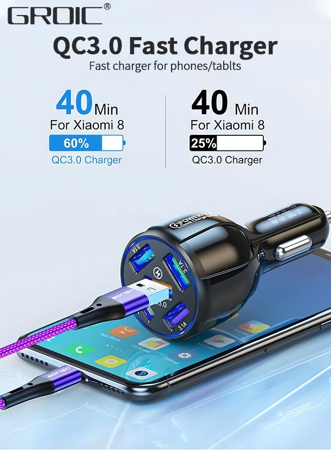 GROIC 5-Port USB Fast Car Charger, QC3.0 Fast Charging Adapter, 5 Multi Port Car Phone USB Charger Compatible with iPhone/Android/Samsung  - Image 4
